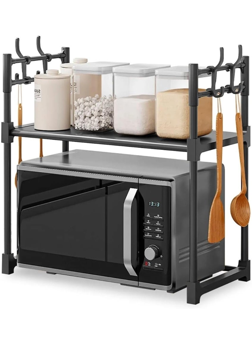 Multi-Functional Kitchen Countertop Storage Rack with Hook Rail and Shelf, 60x33cm Heavy-Duty Metal Microwave Stand, Sleek Black Design for Organized Cooking Space